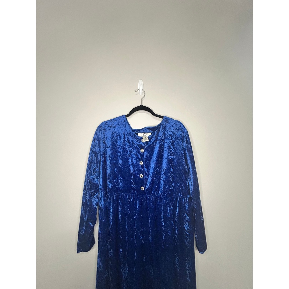 Vintage Cervelle 1X Royal Blue Crushed Velvet Maxi Dress Jeweled Buttons 90s